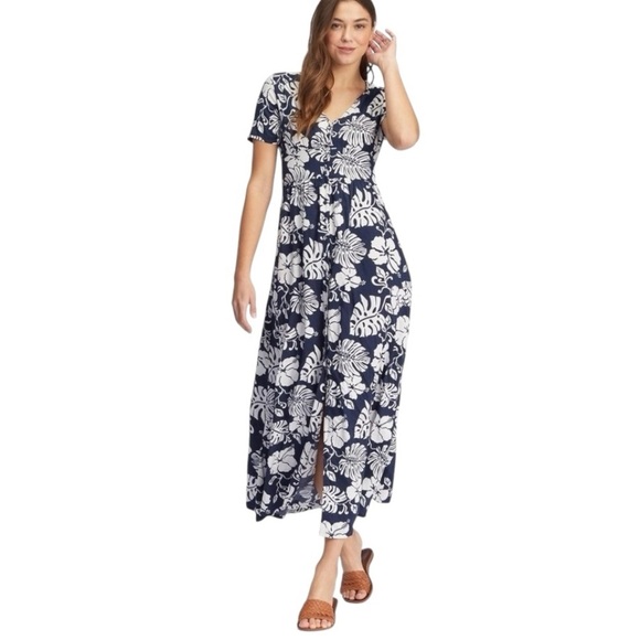 NWT Roxy Tropical Floral Ocean Echo Maxi Button‎ Down Shirt Dress Navy Size XS - Picture 1 of 16